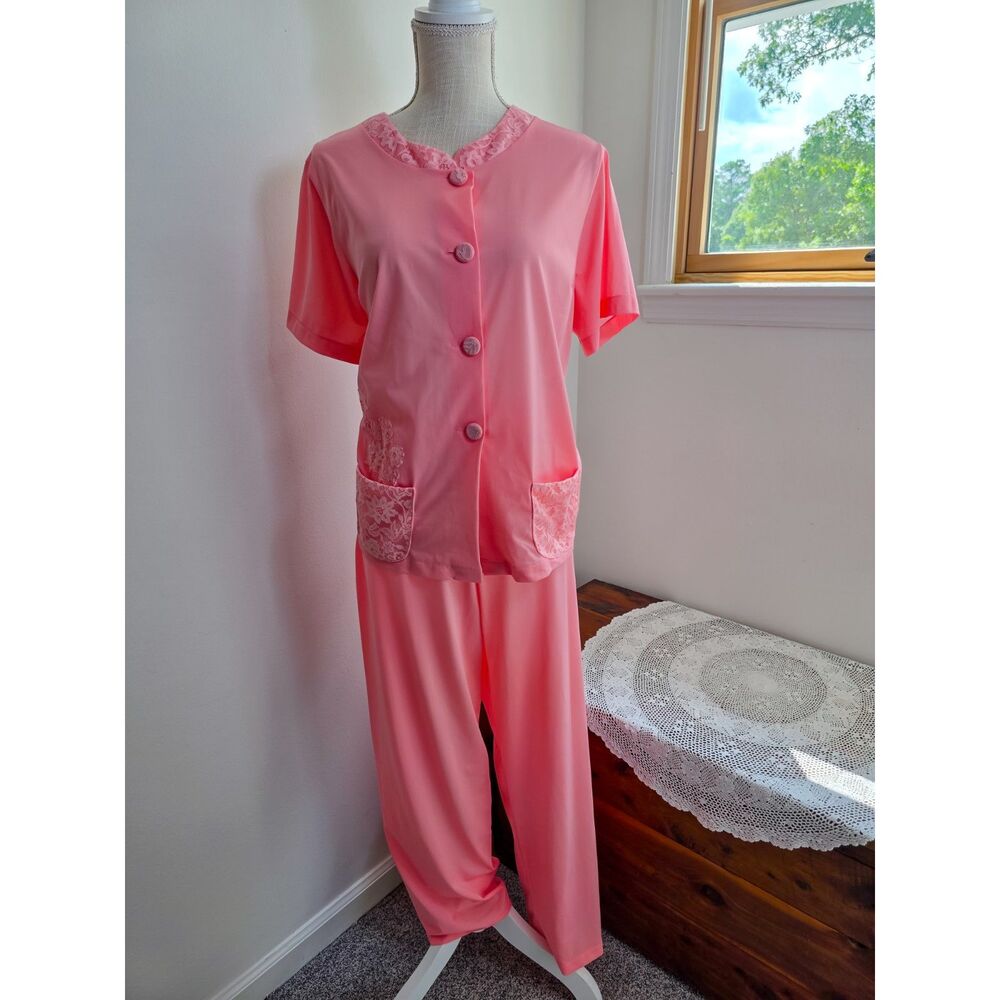Vintage Shadow Line Nylon Satin Lace Pajama Set